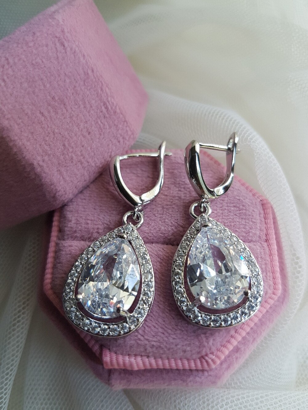 Swarovski Elements 925 Silver Large White Sapphire Teardrop Halo Earrings NEW - Picture 2 of 10